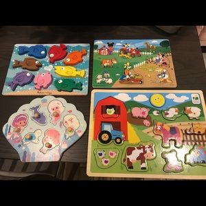 Set of 4 Wooden Puzzles Farm Fish Mermaid Disney for toddler